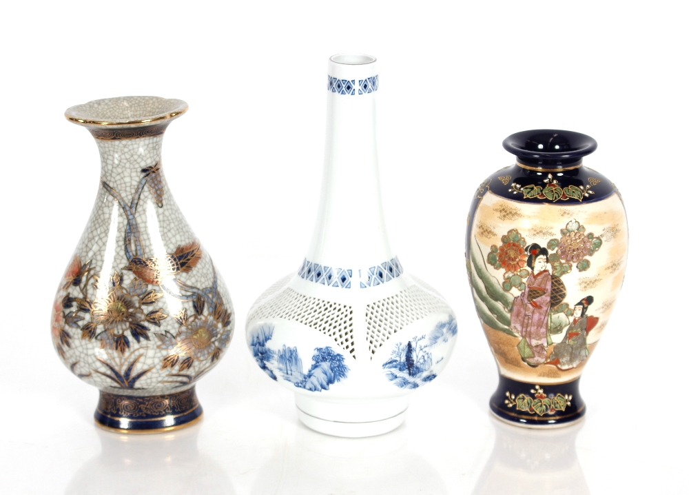 A Japanese Satsuma vase; a modern Chinese pierced vase; and a crackle glazed vase with foliate