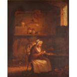 English school, early 19th Century study of an elderly lady peeling potatoes in her kitchen, dog