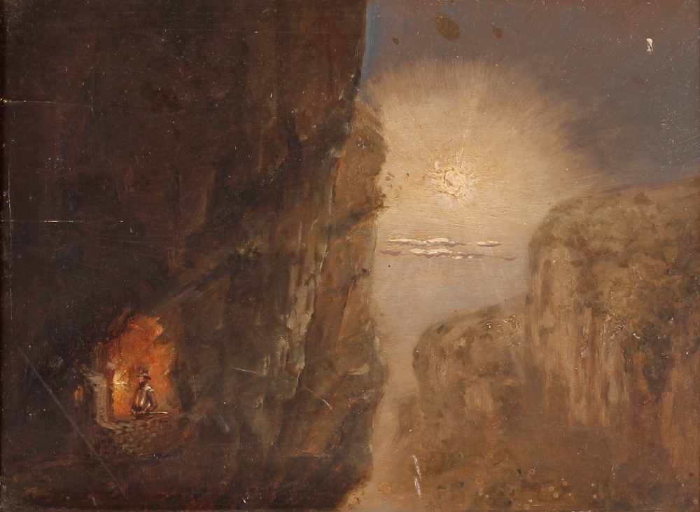 Gerard Van De Boer, study of a soldier crouched in a cliff side cave, unsigned oil on panel, label