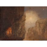 Gerard Van De Boer, study of a soldier crouched in a cliff side cave, unsigned oil on panel, label