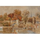 Leslie Rackham, study of Pull's Ferry Norwich, signed watercolour, 26cm x 37cm