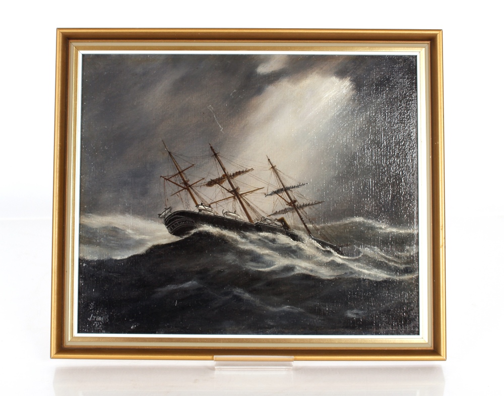 J.T. Banks, study of a siling ship in heavy seas, signed oil on board, 24.5cm x 29.5cm - Image 2 of 2
