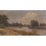 J.R. Edwards, "On The Thames Near Isleworth" signed oil on canvas, 30cm x 52cm
