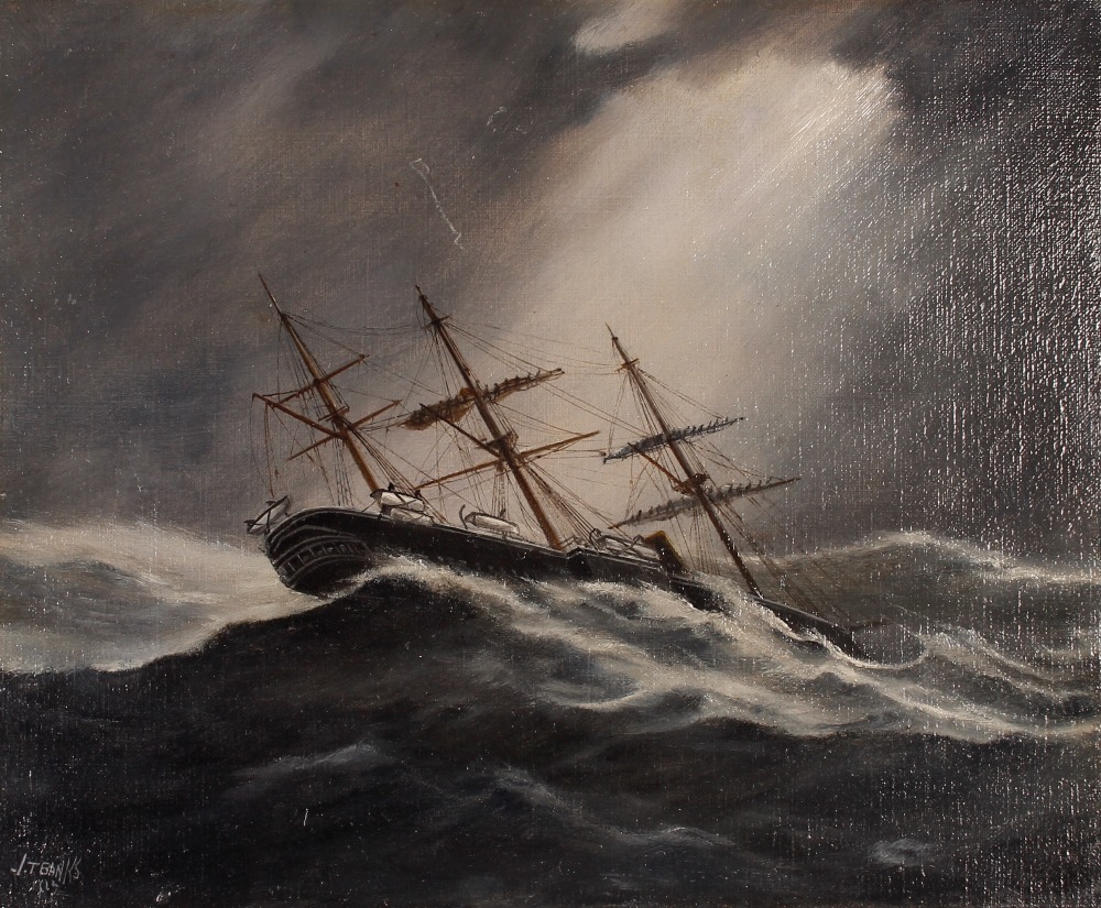 J.T. Banks, study of a siling ship in heavy seas, signed oil on board, 24.5cm x 29.5cm