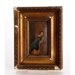 Continental school, study of a girl listening at a door, unsigned oil on metal panel, 12cm x 6.5cm