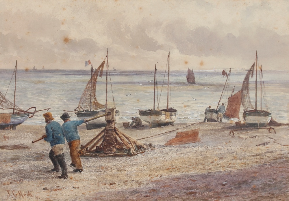James Clarke Hook, study of a beach scene with fishermen and fishing boats, signed watercolour, 24cm