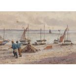 James Clarke Hook, study of a beach scene with fishermen and fishing boats, signed watercolour, 24cm