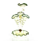 A Victorian Vaseline glass and green tinted epergne, the trumpet shaped vases having frilled rims,