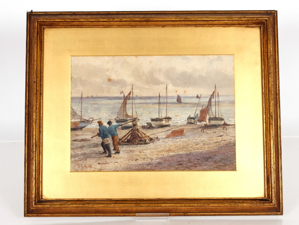 James Clarke Hook, study of a beach scene with fishermen and fishing boats, signed watercolour, 24cm - Image 2 of 2