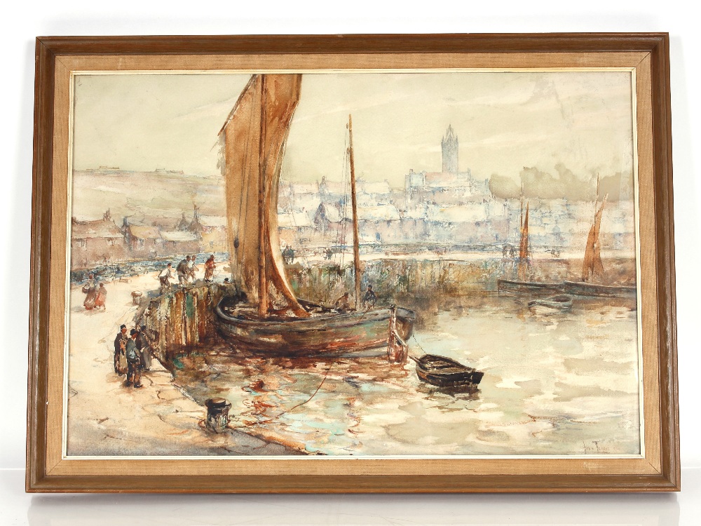 John Terris RWS British 1864-1914, study depicting boat and figures on the quayside of a fishing - Image 2 of 2