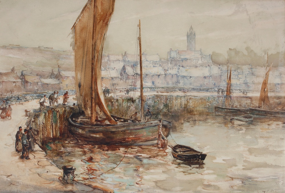 John Terris RWS British 1864-1914, study depicting boat and figures on the quayside of a fishing