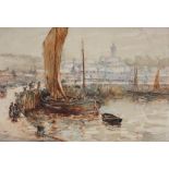 John Terris RWS British 1864-1914, study depicting boat and figures on the quayside of a fishing