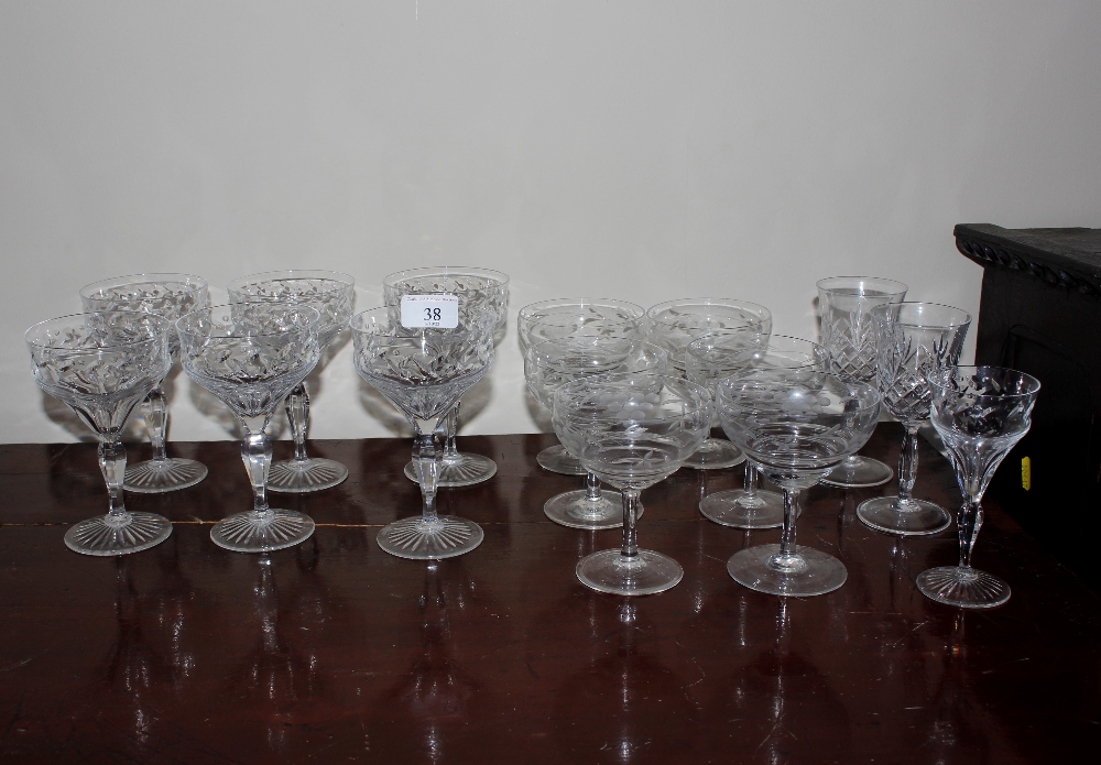 Six Royal Brierley cut glass Champagne saucers and various other glassware