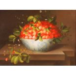 Continental school, still life study with fruit in a blue and white porcelain bowl, indistinctly