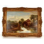 19th Century school, rural study with river and buildings, cattle in the far ground, unsigned oil on