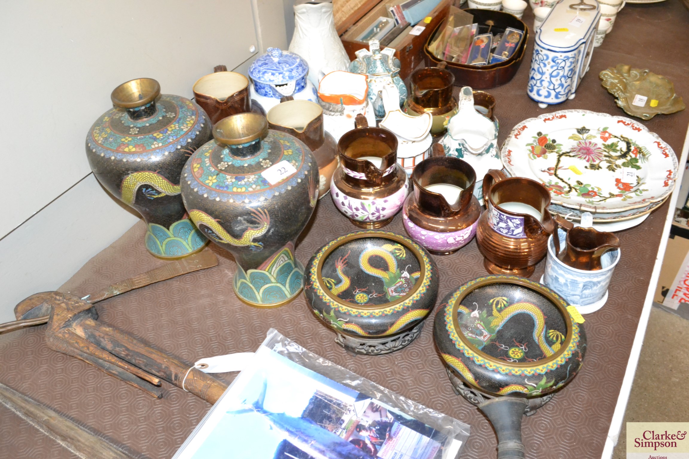 A pair of cloisonné baluster vases with dragon dec