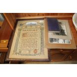 A Royal Naval scroll; various photos and ephemera