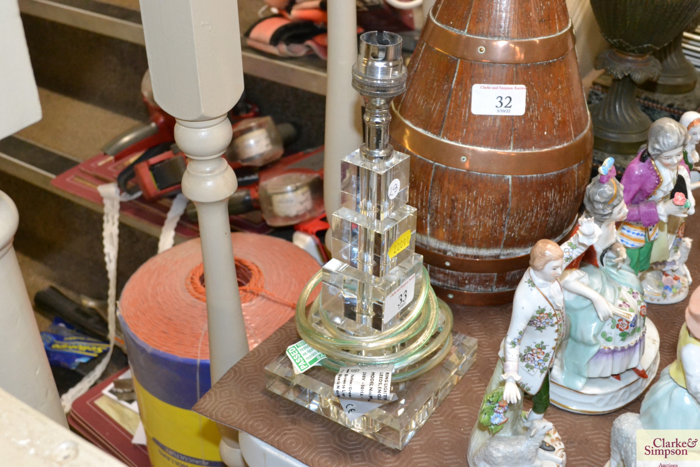 An Art Deco style cut glass table lamp of cube gra