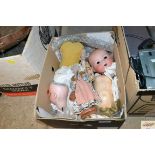 A box containing two bisque headed dolls and a Bre
