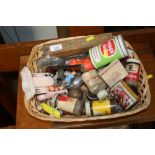 A quantity of old tins; a vintage pen box etc in w