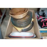 A box of glass dishes and enamel bowls