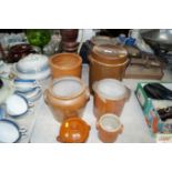 A quantity of salt glazed storage jars etc