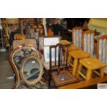 A set of six oak and upholstered dining chairs wit