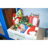 A box of various Christmas decorations