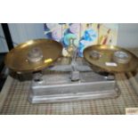 A set of kitchen scales and weights