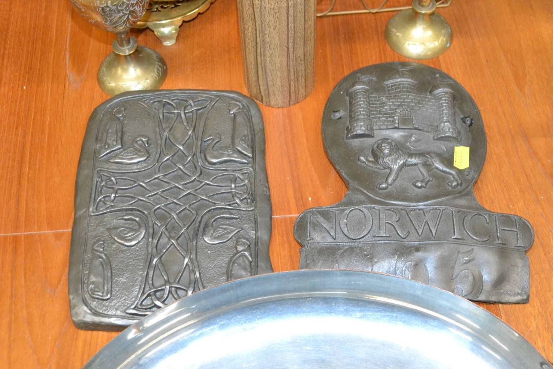Two reproduction Insurance plaques, a copper dish - Image 3 of 3