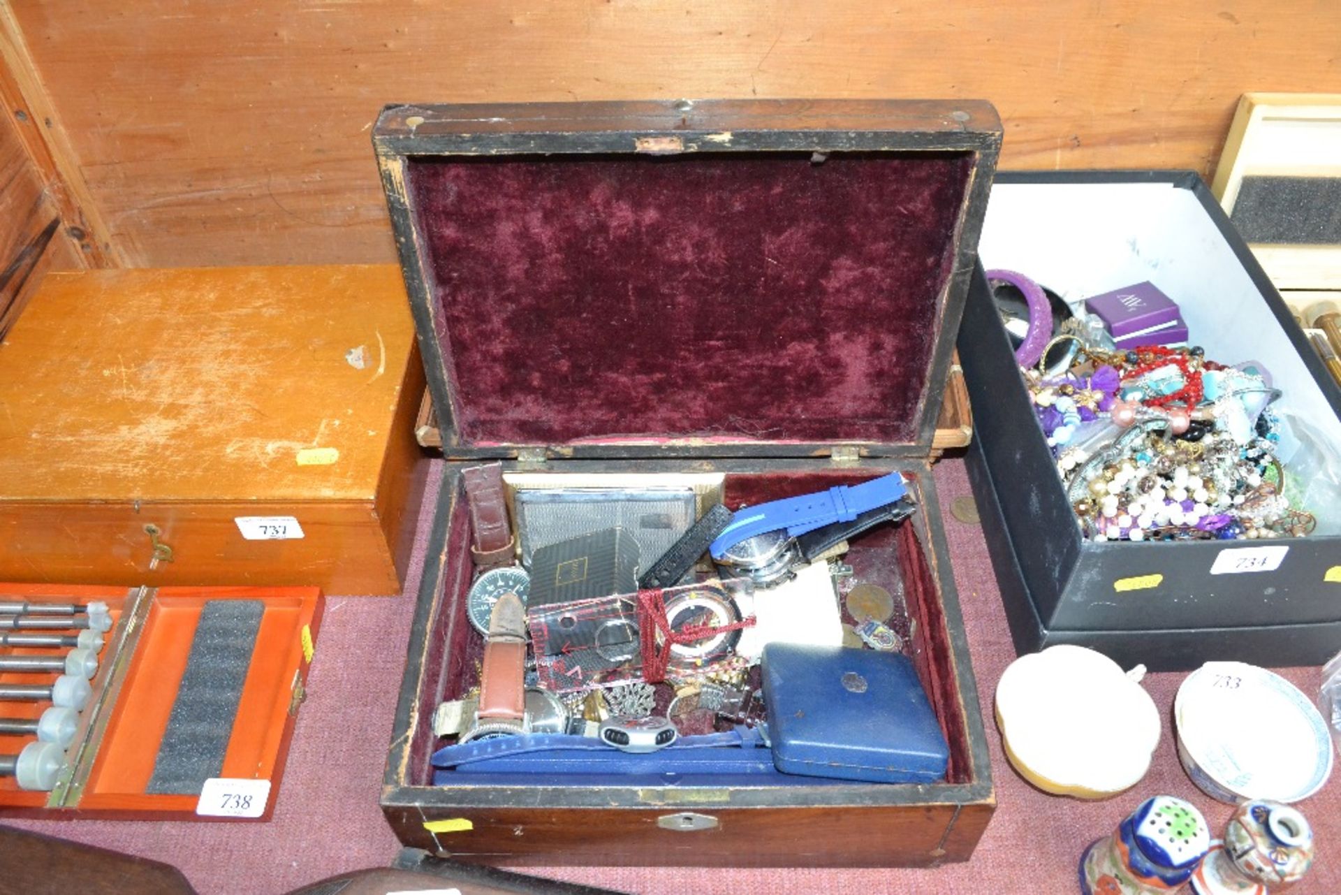 A mother of pearl inlaid box and contents of vario