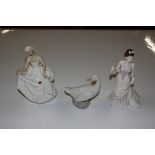 Two Royal Doulton figurines and an Nao ware goose