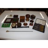 A collection of various wooden and brass inlaid bo