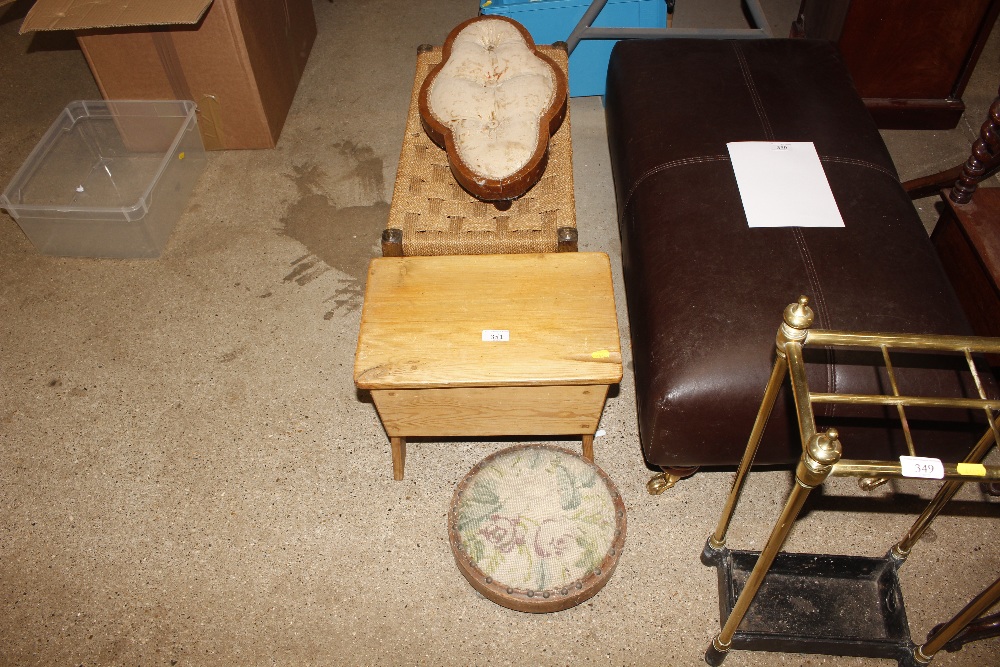A pine storage stool; a string topped oak stool; a