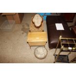 A pine storage stool; a string topped oak stool; a