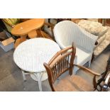 A white painted loom armchair and a similar table