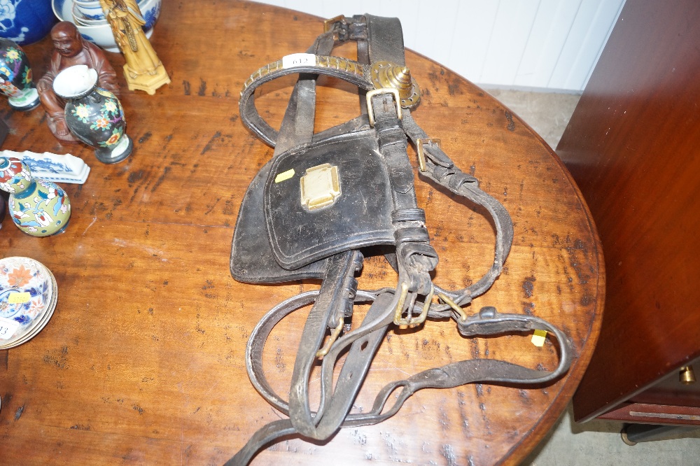 A leather and brass mounted horse harness