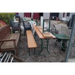 An original German beer festival metal framed and wooden folding table and two benches stamped