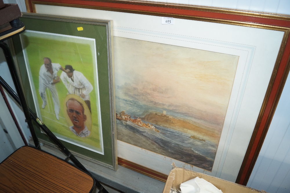 A framed print "Frank Tyson" a colour print of "Folkestone From The Sea"