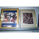 A framed print depicting two figures and another p