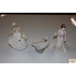 Two Royal Doulton figurines and a Nao ware goose