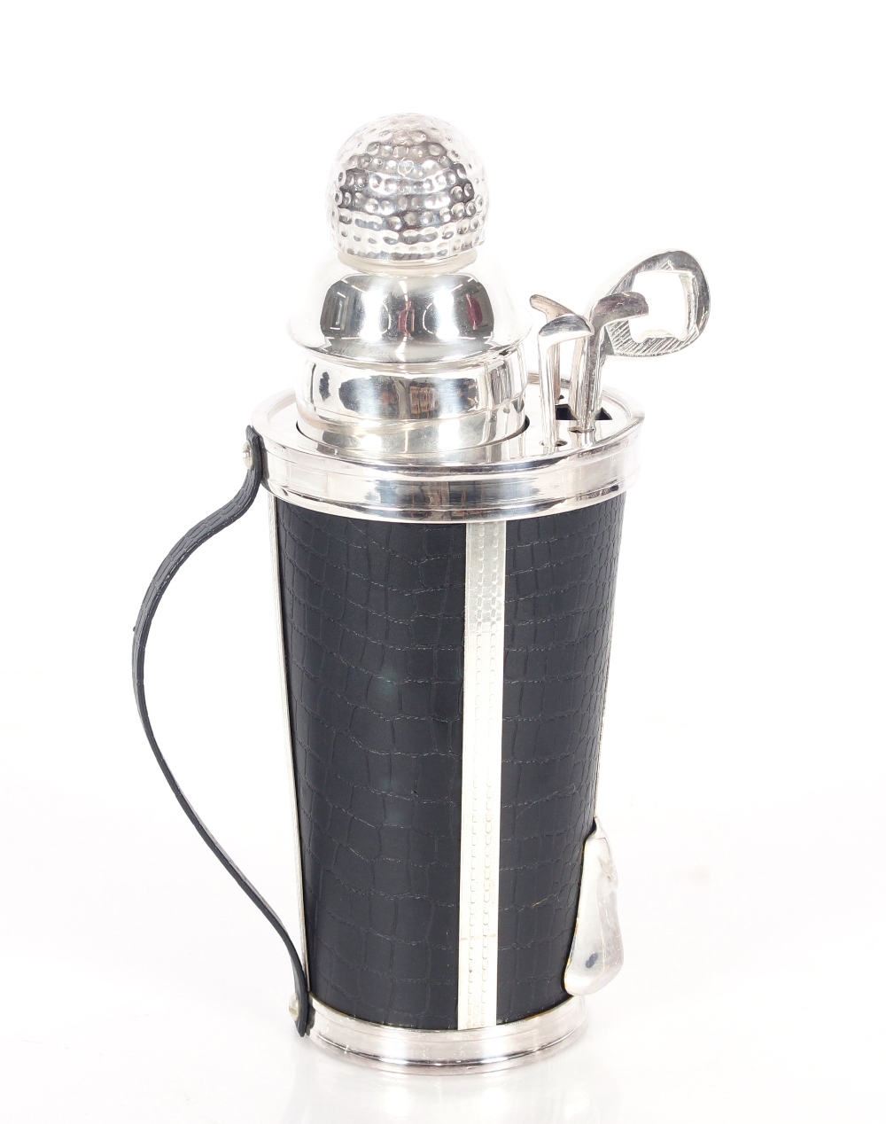 A silver plated golf cocktail shaker, 31cm high