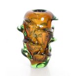 A Whitefriars green / brown glass vase with knobbly decoration, 22cm high