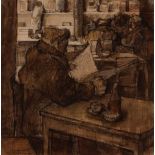 An ink and wash study of a figure reading in a café, indistinctly signed, dated '62