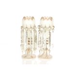 A pair of Victorian white glass lustre vases with gilt decoration and glass prism drops, 34cm high