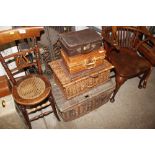 Three wicker baskets, a small case etc.