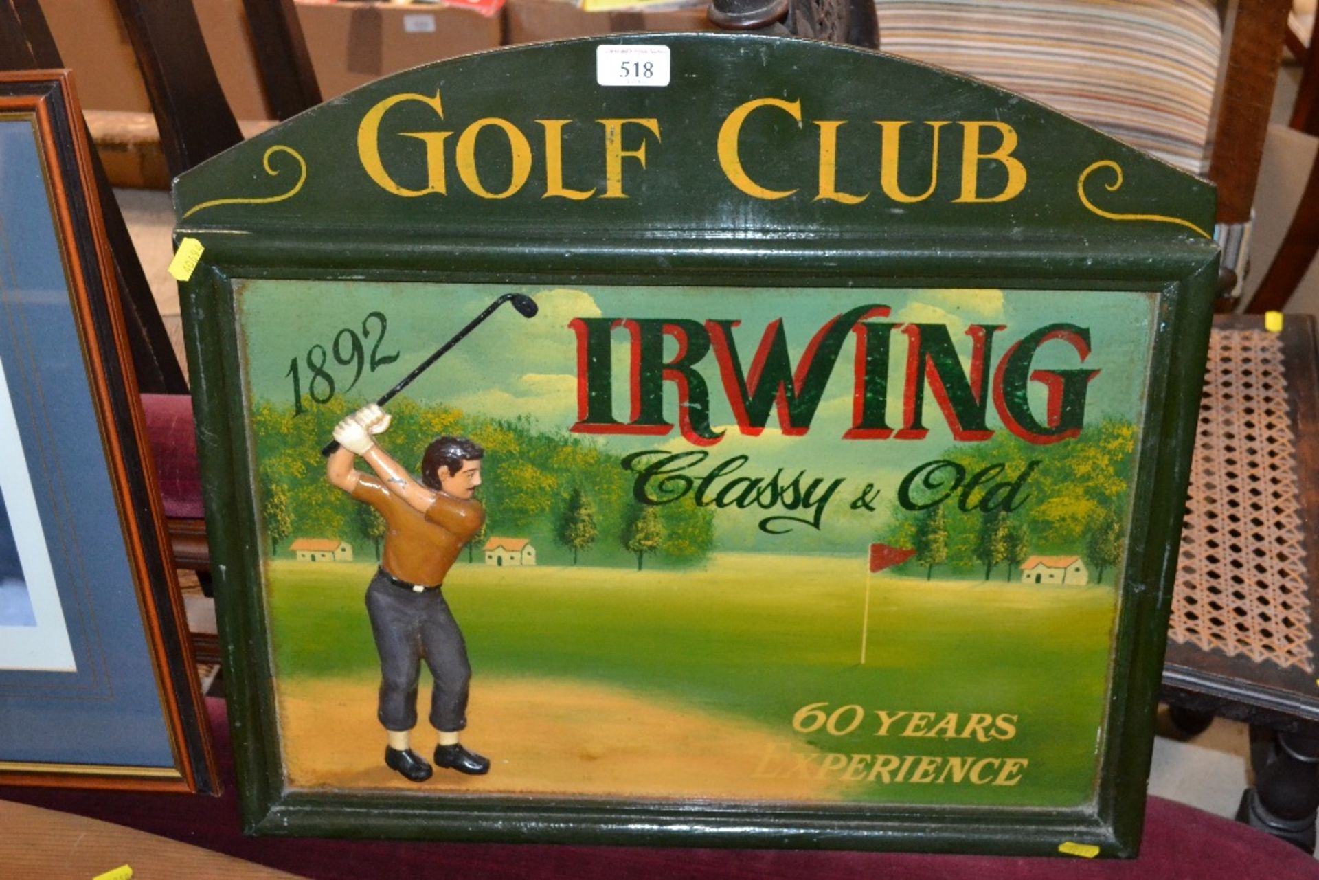 A painted and wooden Golf Club sign for "Irwing"