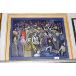 A beech framed acrylic depicting a market scene in