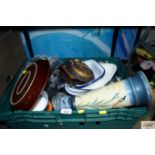 A box containing storage jars; enamel cooking dish