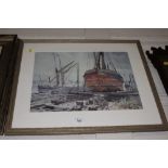 After Cor Visser 1927, framed and glazed coloured print Thames Barge at Ipswich Dock,